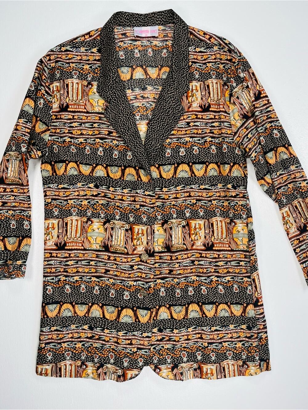 Vintage 90s Bold Printed Blazer Large Lightweight Oversized Brown Orange Maximal